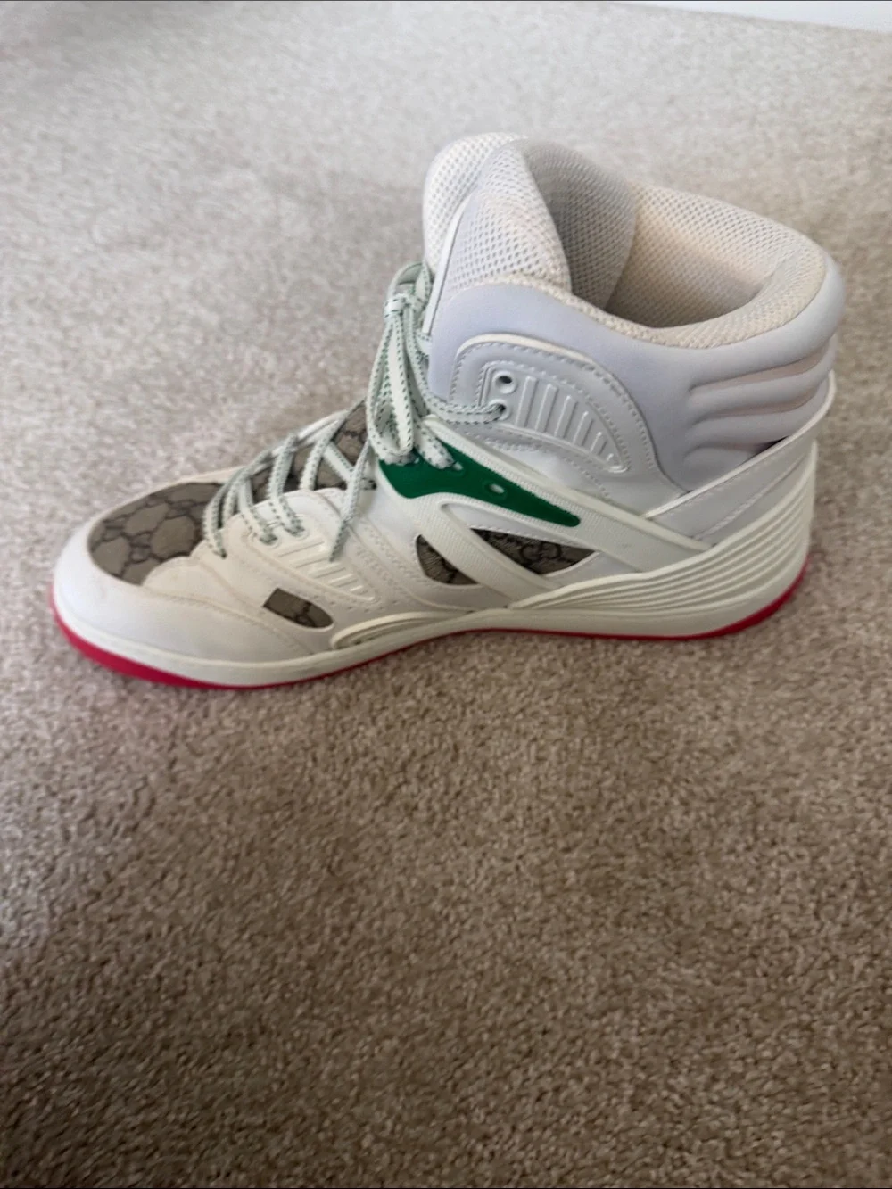 Gucci White High-Top Sneakers with Green and Red Accents